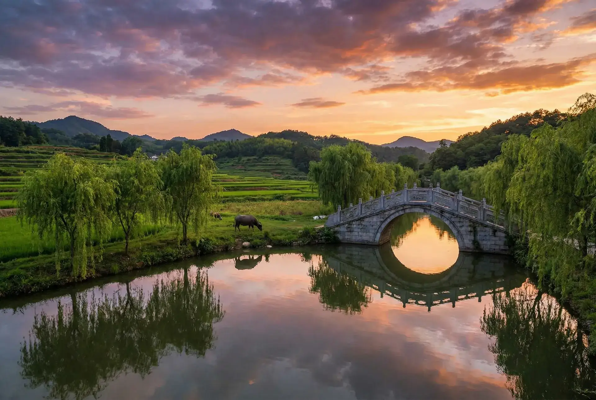 夕阳下的石拱桥与垂柳，水牛在河边吃草 - 先锋暖风机 乡村美景